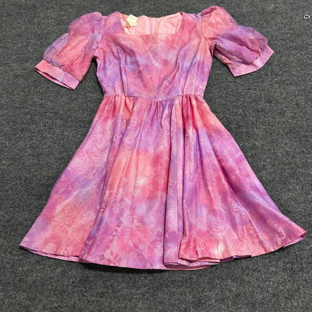 Square Dance Dress Co. Dress Womens Size 12 Pink Purple Tie Dye Lace USA Vintage
